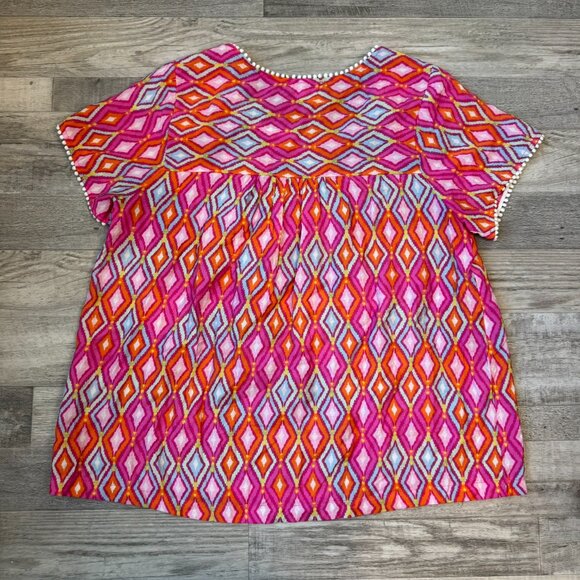 Savanna Jane Multicolor Embroidered Short Sleeve Blouse Pom Trim F39 - Picture 4 of 5